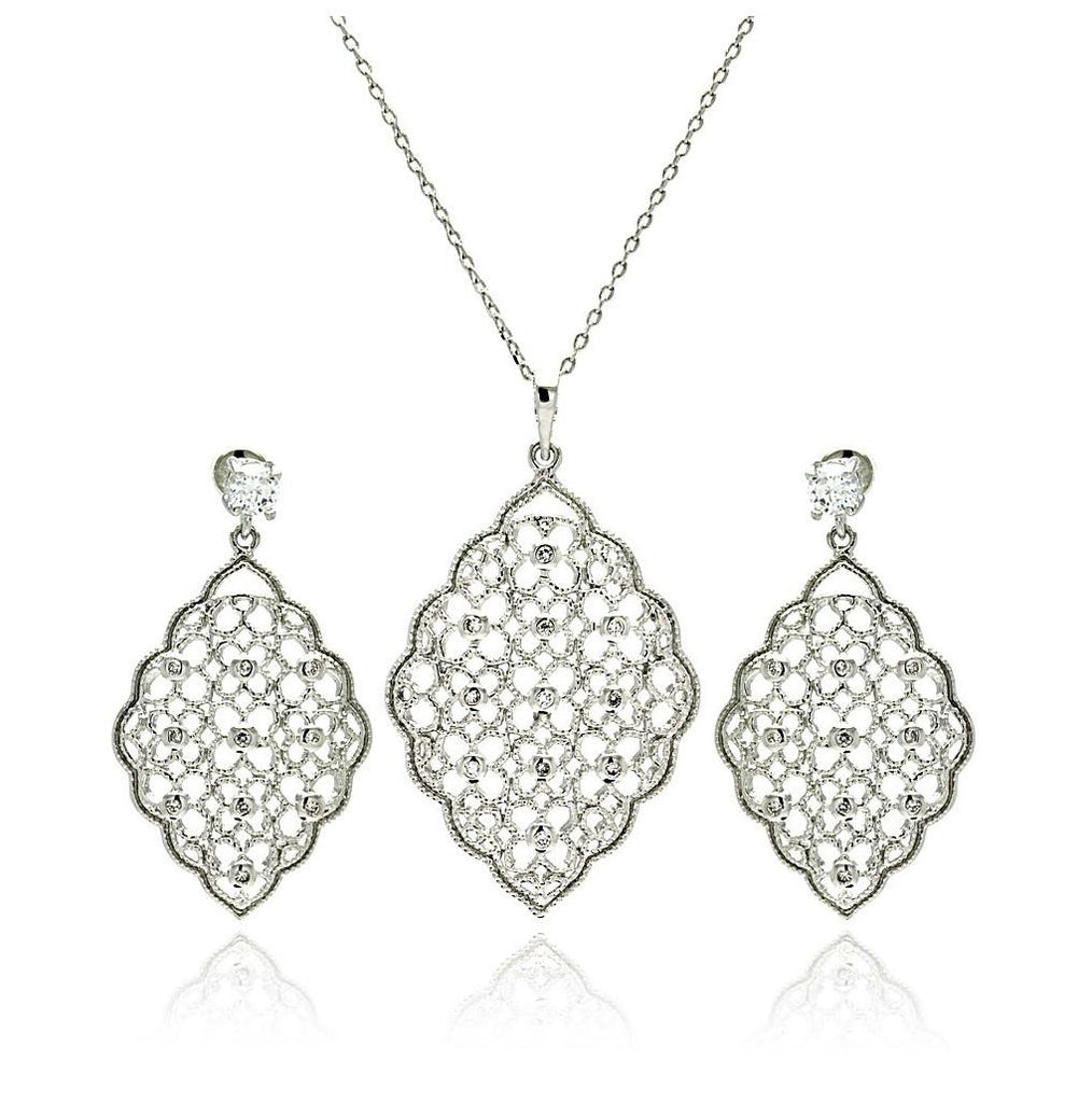 Rhodium Plated Brass Flower Filigree Net Clear Cz Dangling Stud Earring & Necklace Set