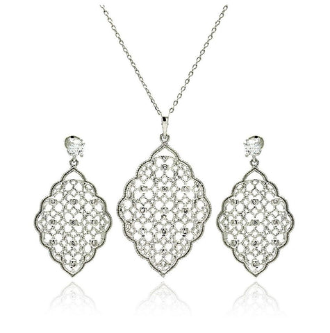 Rhodium Plated Brass Flower Filigree Net Clear Cz Dangling Stud Earring & Necklace Set