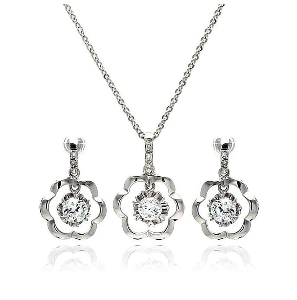 Rhodium Plated Brass Flower Clear Cz Dangling Stud Earring & Dangling Necklace Set