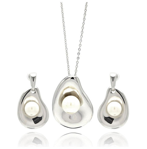 Rhodium Plated Brass Warped Disc Pearl Center Hanging Stud Earring & Necklace Set