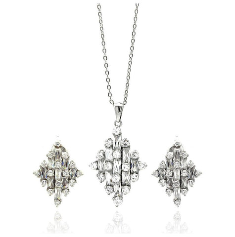 Rhodium Plated Brass Diamond Shaped Clear Cz Stud Earring & Necklace Set