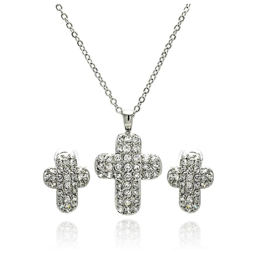 Rhodium Plated Brass Cross Clear Pave Set Cz Stud Earring & Necklace Set