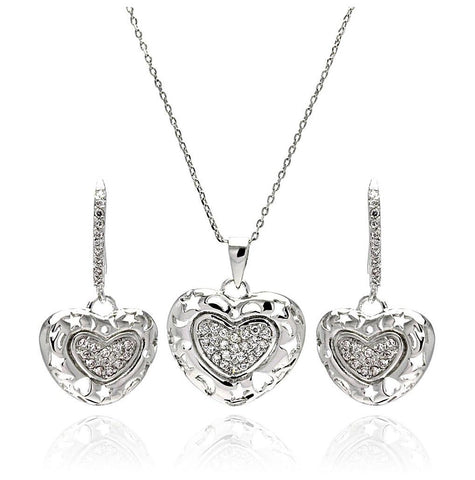 Rhodium Plated Brass Heart & Multiple Open Shapes Clear Cz Leverback Earring & Necklace Set