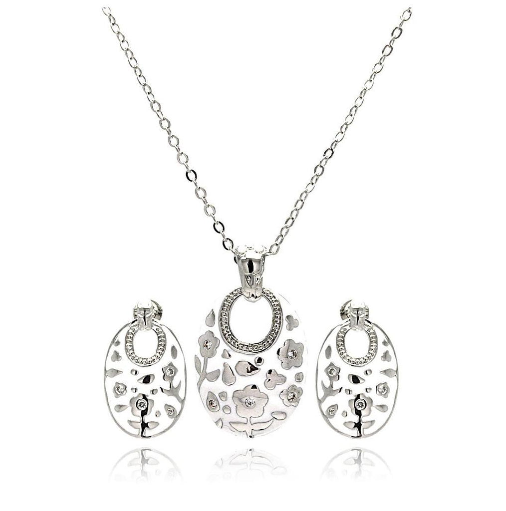 Rhodium Plated Brass White Enamel Open Oval Flower Clear Cz Stud Earring & Necklace Set