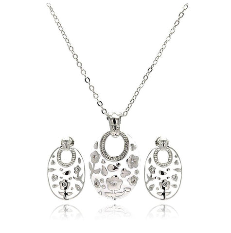 Rhodium Plated Brass White Enamel Open Oval Flower Clear Cz Stud Earring & Necklace Set