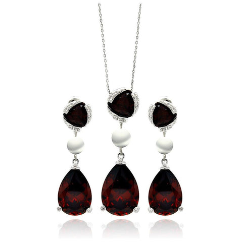 Rhodium Plated Brass Pearl Red Teardrop Clear Cz Hanging Stud Earring & Hanging Necklace Set