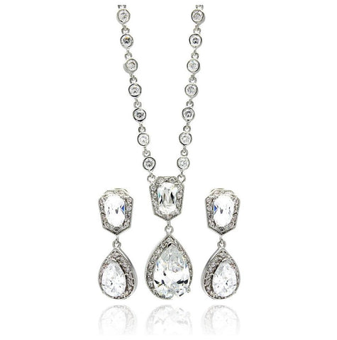 Rhodium Plated Brass Clear Teardrop Cz Dangling Stud Earring & Dangling Necklace Set