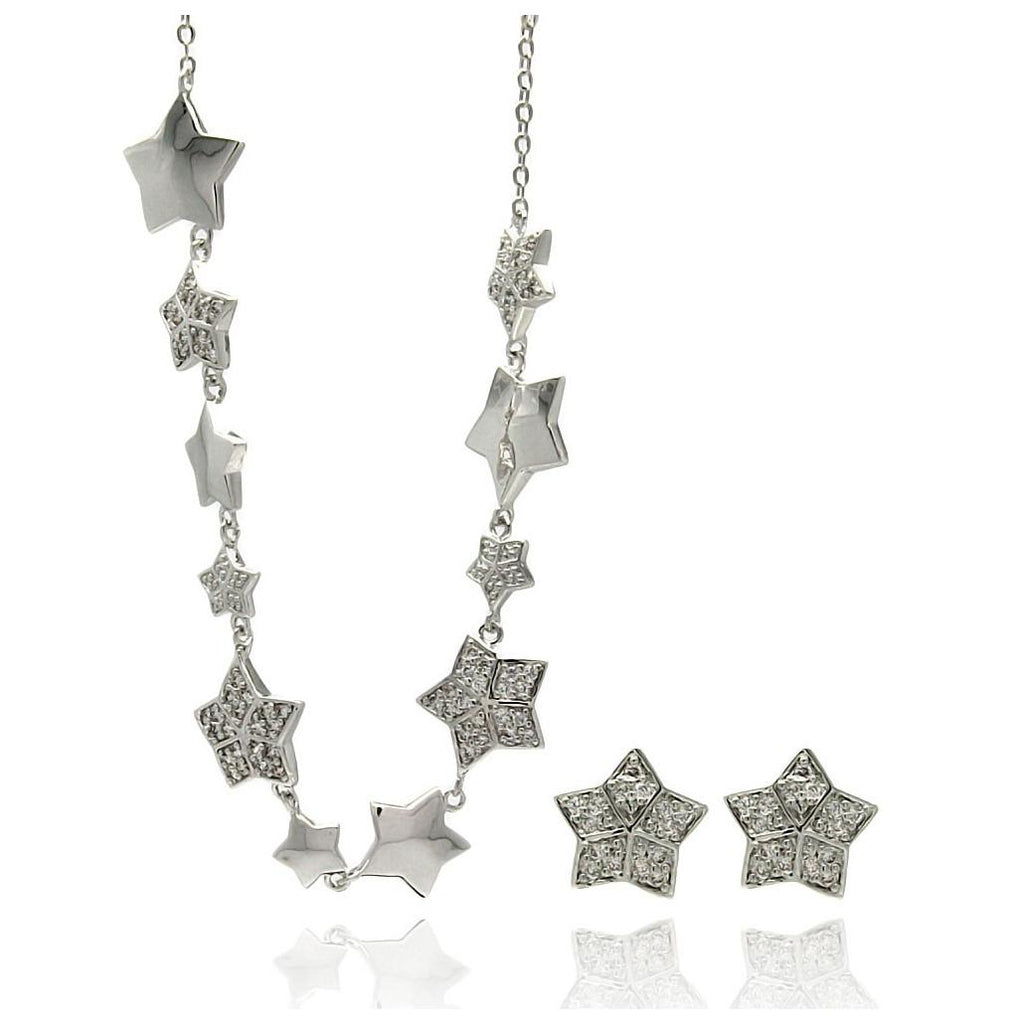 Rhodium Plated Brass Multi Star Clear Cz Stud Earring & Hanging Necklace Set