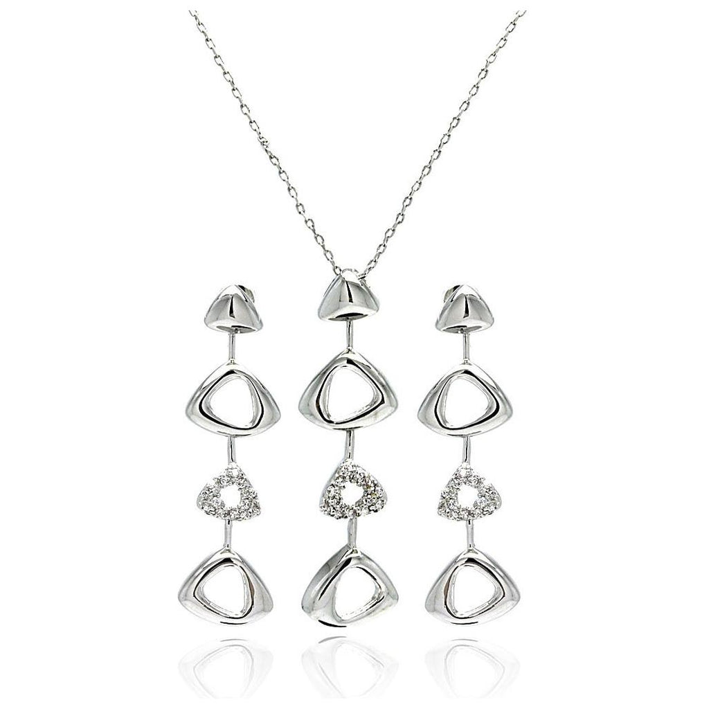 Rhodium Plated Brass Open Triangle Clear Cz Hanging Stud Earring & Hanging Necklace Set