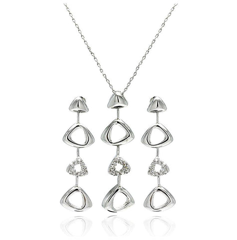 Rhodium Plated Brass Open Triangle Clear Cz Hanging Stud Earring & Hanging Necklace Set