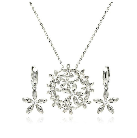 Rhodium Plated Brass High Polish Flower Clear Cz Leverback Earring & Necklace Set