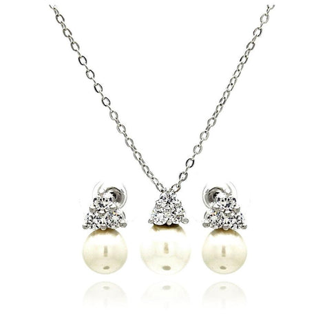 Rhodium Plated Brass Pearl Clear Triangle Cz Hanging Stud Earring & Necklace Set