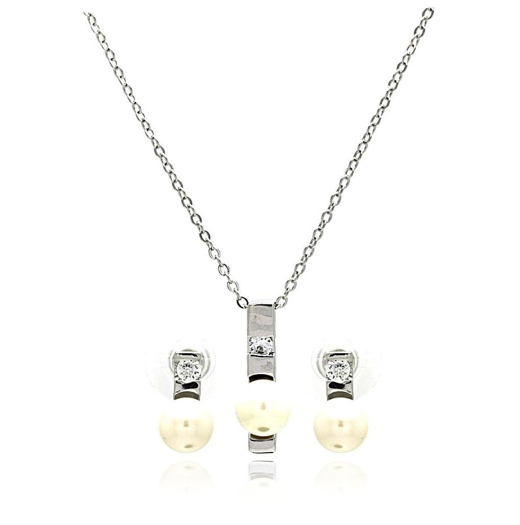 Rhodium Plated Brass Pearl Elongated Center Clear Cz Stud Earring & Necklace Set