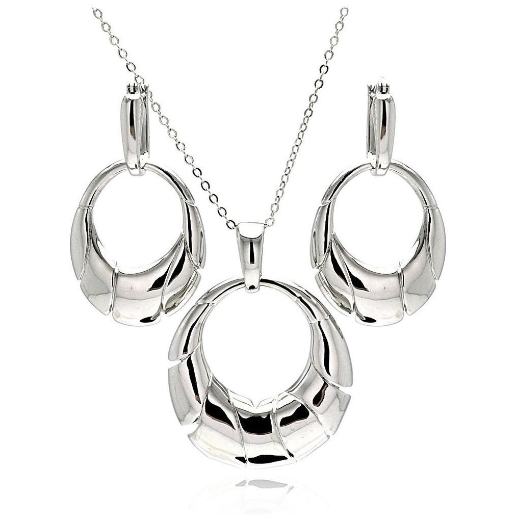 Rhodium Plated Brass High Polish Open Oval Cresent Leverback Earring & Necklace Set