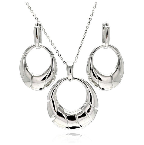 Rhodium Plated Brass High Polish Open Oval Cresent Leverback Earring & Necklace Set