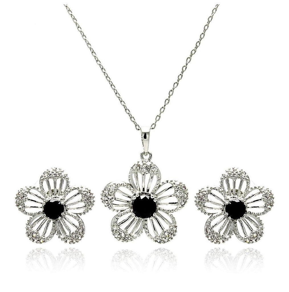 Rhodium Plated Brass Flower Black Center Clear Pave Set Cz Stud Earring & Necklace Set