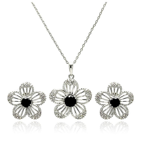 Rhodium Plated Brass Flower Black Center Clear Pave Set Cz Stud Earring & Necklace Set