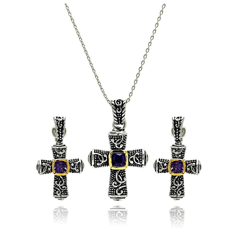 Rhodiumoxidized Rhodium& Gold Plated Brass Cross Square Purple Cz Stud Earring & Necklace Set