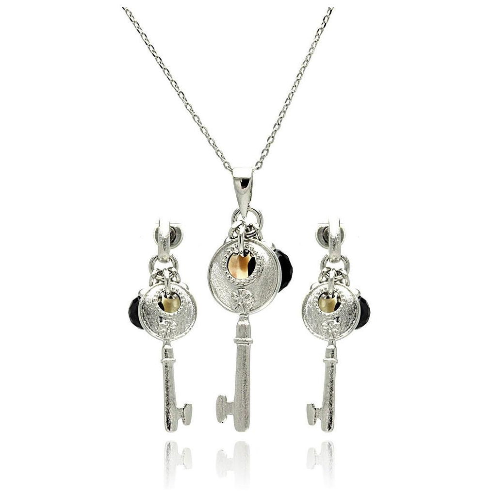 Rhodium Plated Brass Key Pearl Black Cz Dangling Stud Earring & Dangling Necklace Set