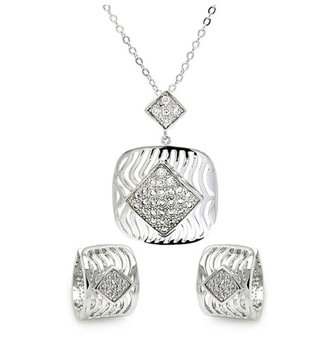 Rhodium Plated Brass Square Open Stripes Clear Diamond Shaped Cz Stud Earring & Dangling Necklace Set