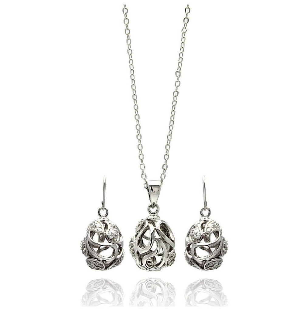 Rhodium Plated Brass Open Egg Bead Clear Cz Hook Earring & Necklace Set