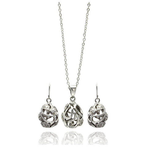 Rhodium Plated Brass Open Egg Bead Clear Cz Hook Earring & Necklace Set