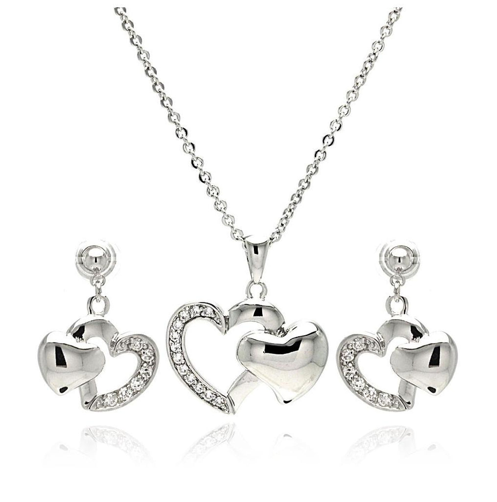 Rhodium Plated Brass Open & Solid Heart Clear Cz Dangling Stud Earring & Necklace Set