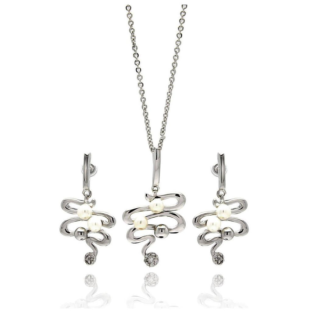 Rhodium Plated Brass Zigzag Snake Pearl Drop Clear Cz Hanging Stud Earring & Necklace Set