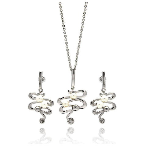 Rhodium Plated Brass Zigzag Snake Pearl Drop Clear Cz Hanging Stud Earring & Necklace Set