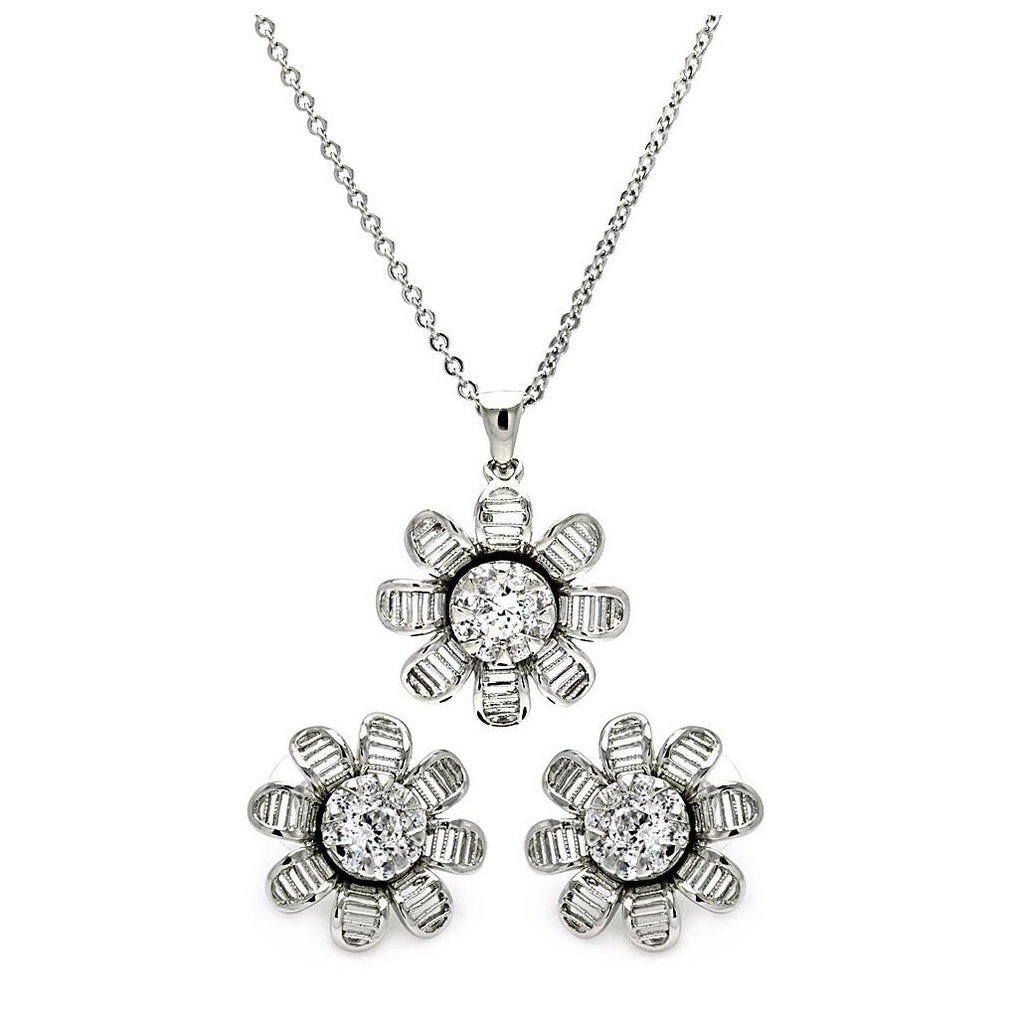 Rhodium Plated Brass Flower Clear Round Center Cz Stud Earring & Necklace Set