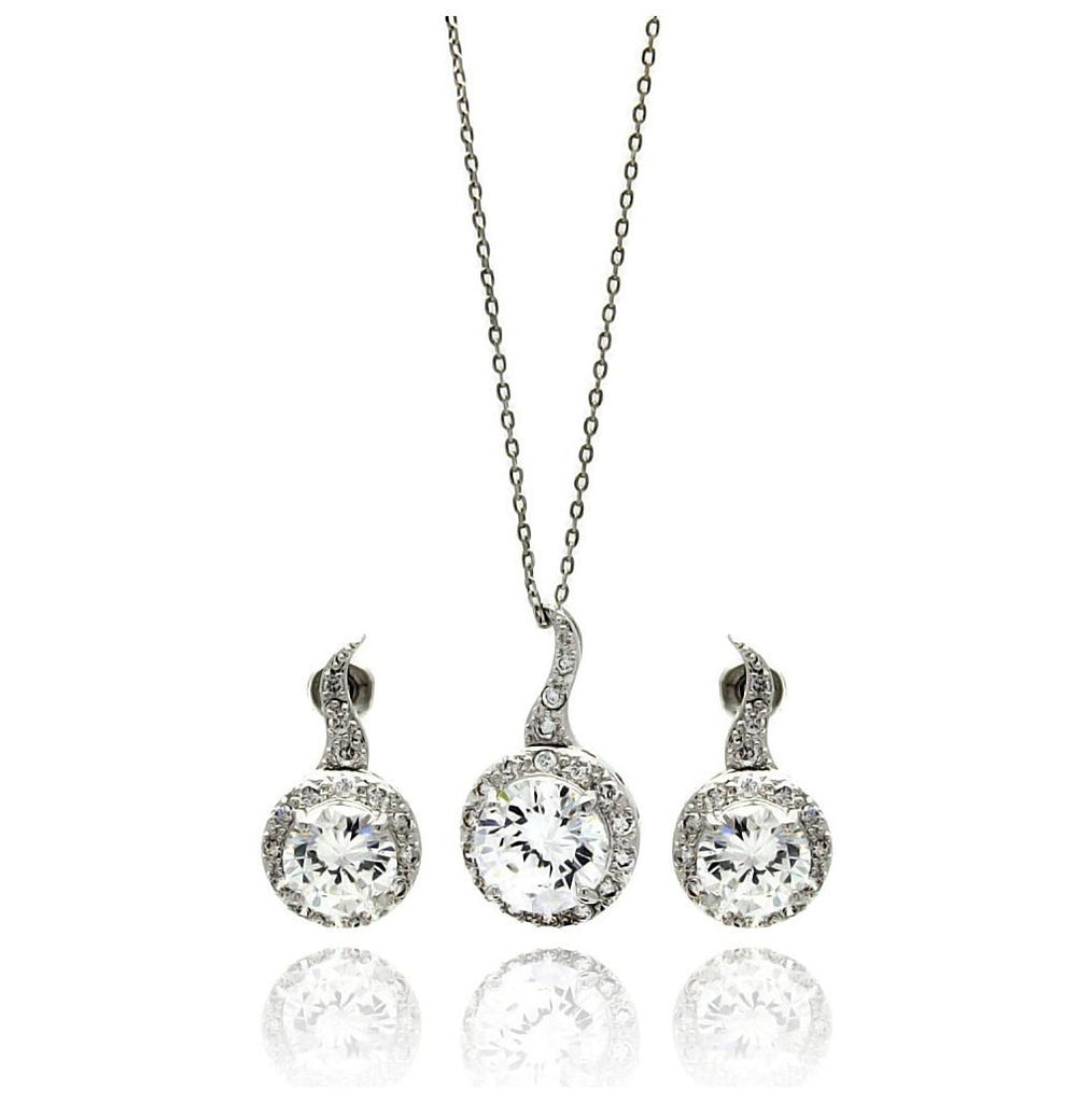 Rhodium Plated Brass Drop Clear Round Cz Stud Earring & Necklace Set