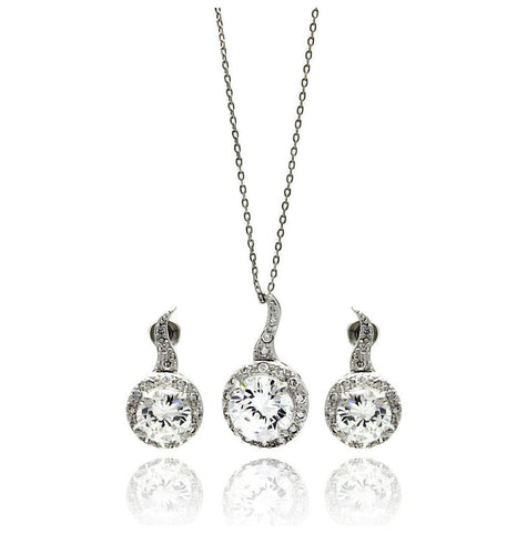 Rhodium Plated Brass Drop Clear Round Cz Stud Earring & Necklace Set