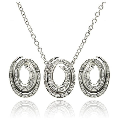 Rhodium Plated Brass Open Oval Spiral Clear Cz Stud Earring & Necklace Set