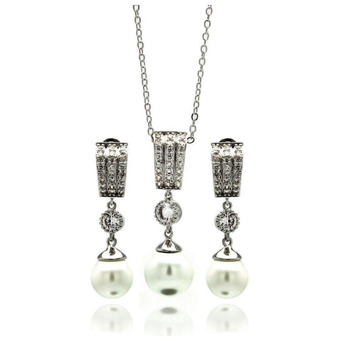 Rhodium Plated Brass Pearl Drop 3 Row Rectangle Clear Round Cz Hanging Stud Earring & Hanging Necklace Set