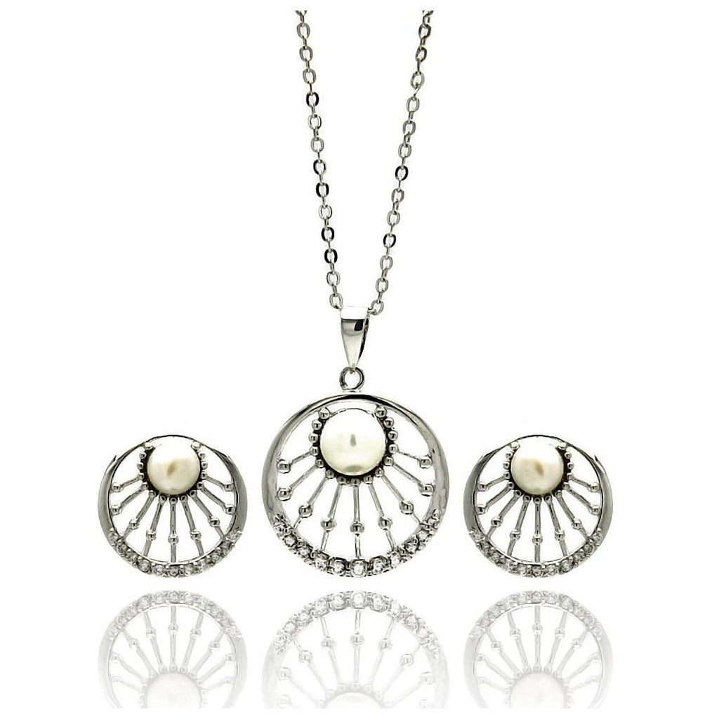 Rhodium Plated Brass Pearl Center Open Sun Disc Clear Cz Stud Earring & Hanging Necklace Set