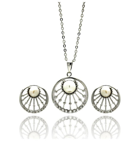 Rhodium Plated Brass Pearl Center Open Sun Disc Clear Cz Stud Earring & Hanging Necklace Set