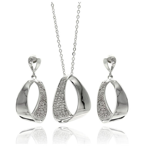 Rhodium Plated Brass Open Folded Oval Loop Clear Pave Set Cz Stud Earring & Necklace Set