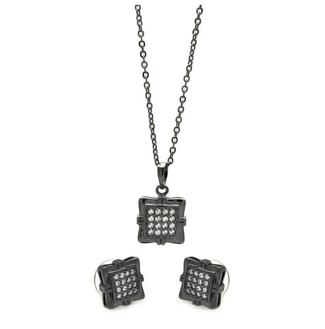 Black Rhodium Plated Brass Square Clear Cz Stud Earring & Necklace Set