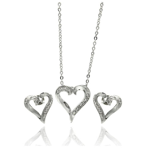 Rhodium Plated Brass Open Heart Clear Cz Stud Earring & Necklace Set