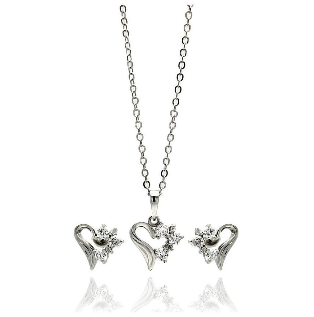 Rhodium Plated Brass Open Heart Half Spiky Clear Cz Stud Earring & Necklace Set