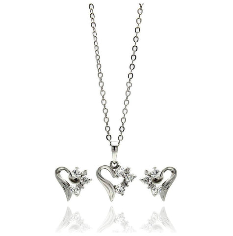 Rhodium Plated Brass Open Heart Half Spiky Clear Cz Stud Earring & Necklace Set