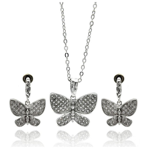 Rhodium Plated Brass Butterfly Micro Pave Clear Cz Dangling Stud Earring & Necklace Set