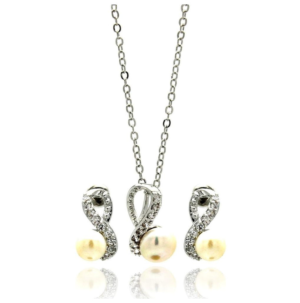 Rhodium Plated Brass Pearl Drop Figure 8 Clear Cz Stud Earring & Necklace Set