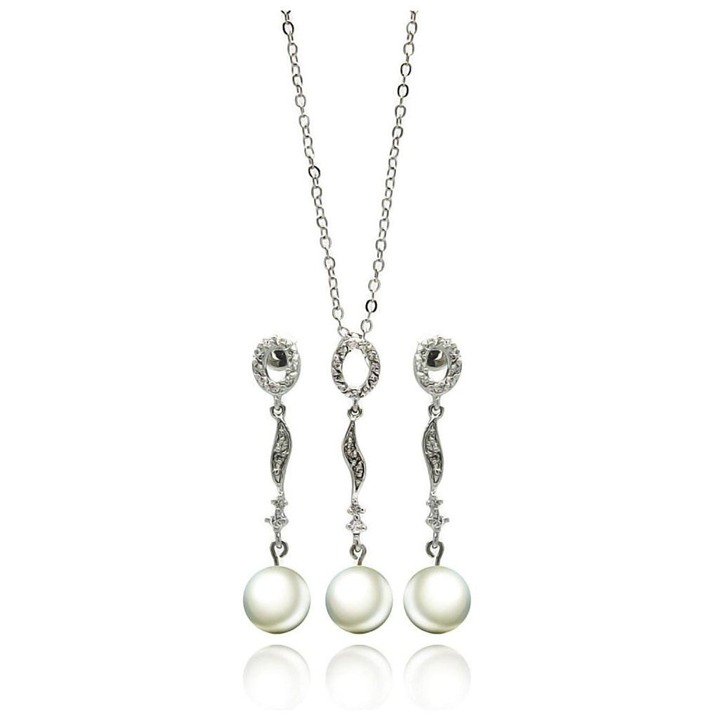 Rhodium Plated Brass Multi Shaped Pearl Drop Clear Cz Hanging Stud Earring & Hanging Necklace Set