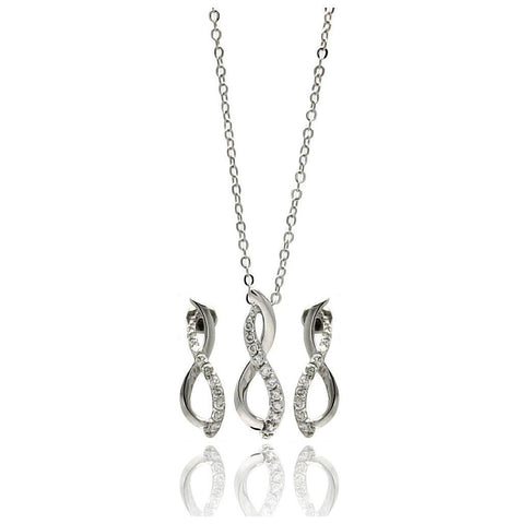 Rhodium Plated Brass Figure 8 Clear Cz Stud Earring & Necklace Set