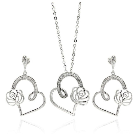 Rhodium Plated Brass Open Heart Rose Flower Outline Clear Cz Dangling Stud Earring & Necklace Set