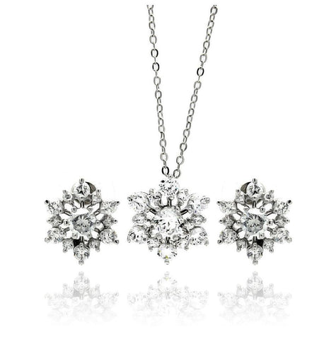 Rhodium Plated Brass Snowflake Flower Clear Cz Stud Earring & Necklace Set