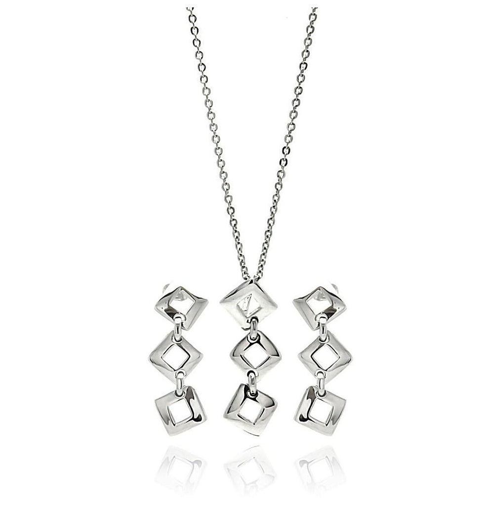 Rhodium Plated Brass Open Triple Square Hanging Stud Earring & Hanging Necklace Set