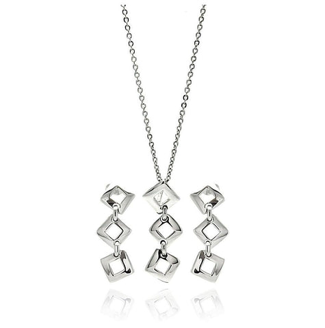 Rhodium Plated Brass Open Triple Square Hanging Stud Earring & Hanging Necklace Set