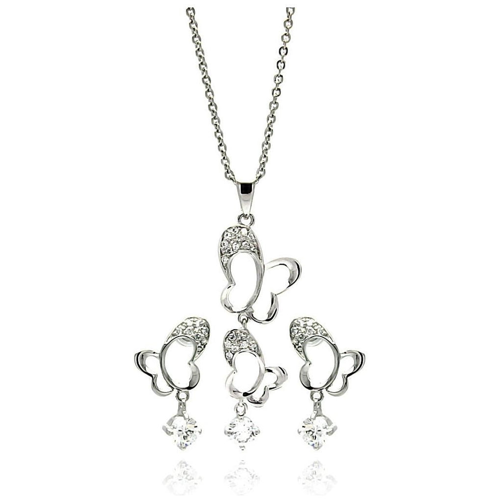 Rhodium Plated Brass Open Butterfly Drop Clear Cz Dangling Stud Earring & Dangling Necklace Set